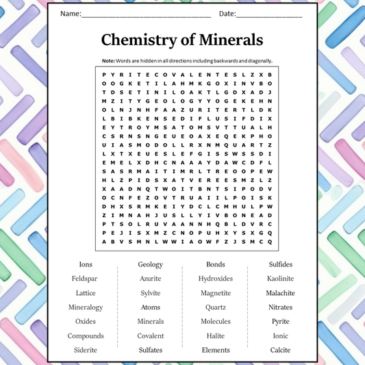 Chemistry Of Minerals Word Search Puzzle Worksheet Activity PDF