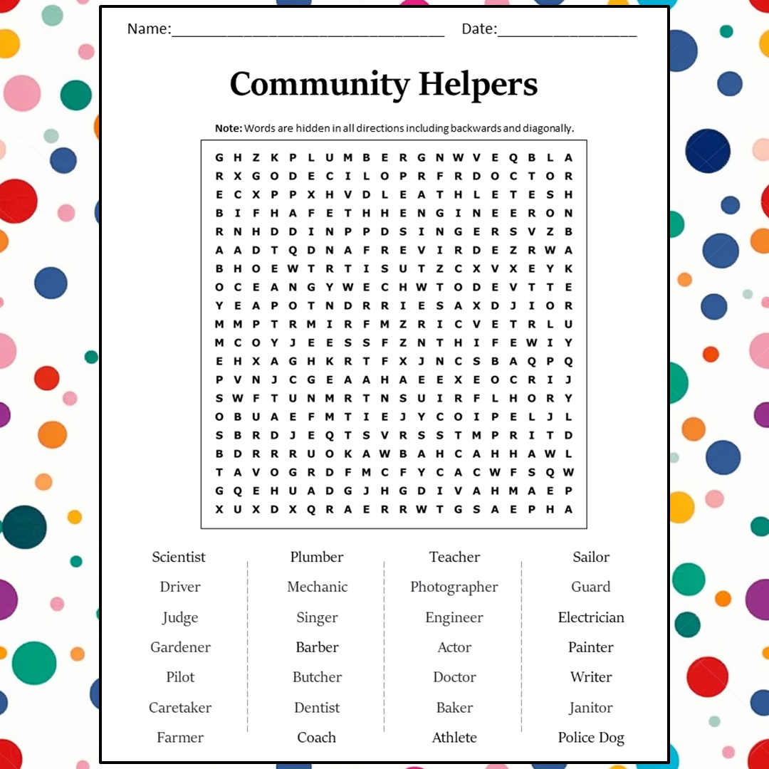 Community Helpers Word Search Puzzle Worksheet Activity PDF