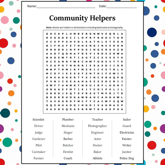 Community Helpers Word Search Puzzle Worksheet Activity PDF