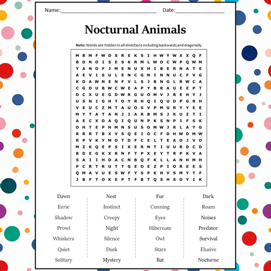 Nocturnal Animals Word Search Puzzle Worksheet Activity PDF