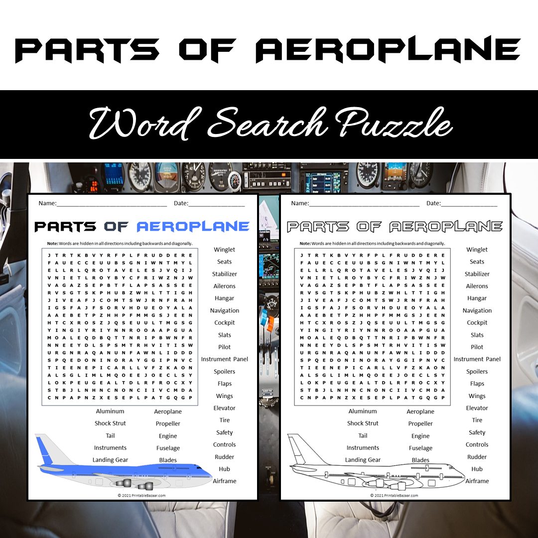 Parts Of Aeroplane Word Search Puzzle Worksheet PDF