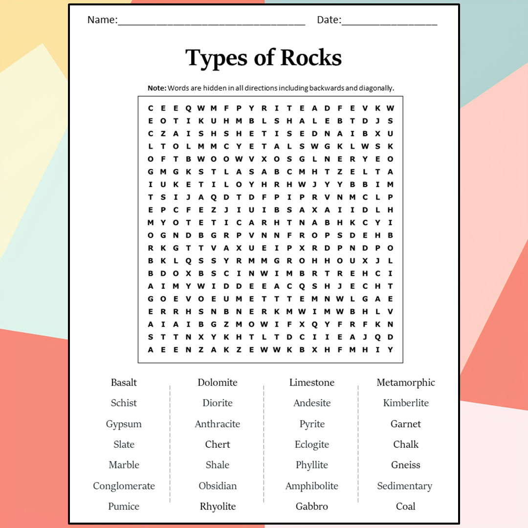 Types Of Rocks Word Search Puzzle Worksheet Activity PDF