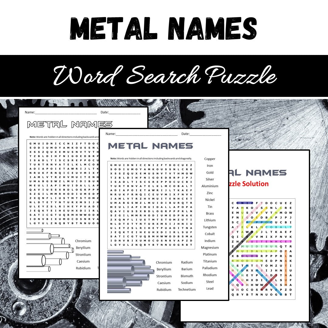 Metal Names Word Search Puzzle Worksheet PDF