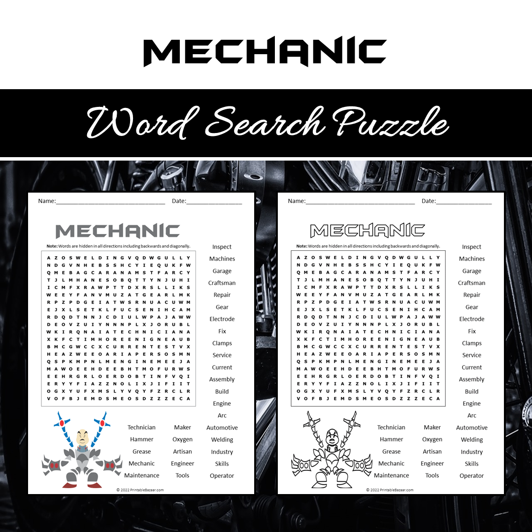 Mechanic Word Search Puzzle Worksheet PDF