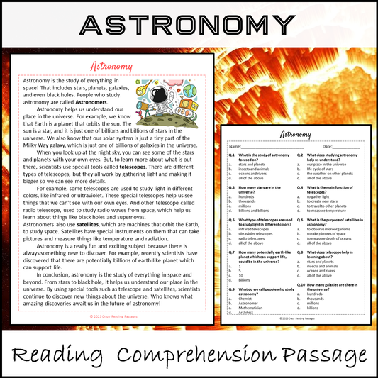 Astronomy Reading Comprehension Passage and Questions | Printable PDF