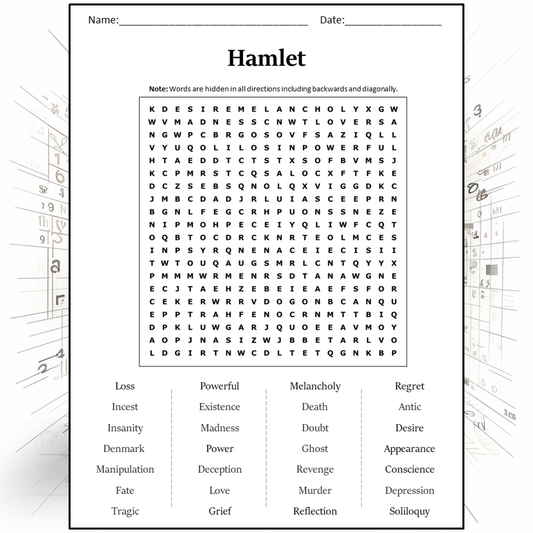 Hamlet Word Search Puzzle Worksheet Activity PDF