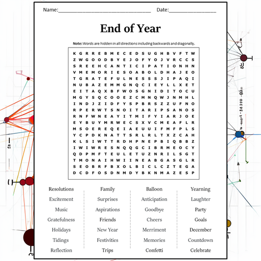 End Of Year Word Search Puzzle Worksheet Activity PDF