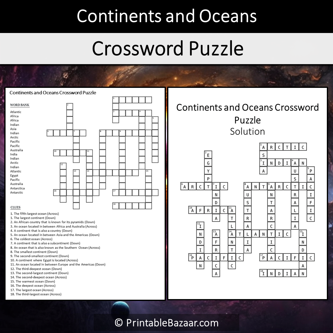 Continents And Oceans Crossword Puzzle Worksheet Activity Printable PDF