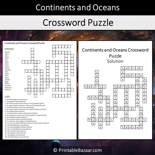 Continents And Oceans Crossword Puzzle Worksheet Activity Printable PDF