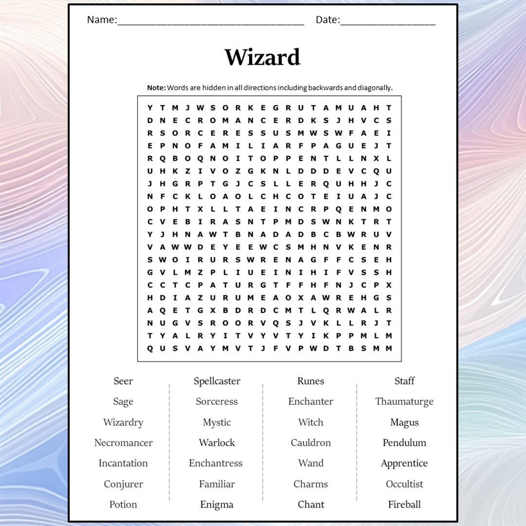 Wizard Word Search Puzzle Worksheet Activity PDF