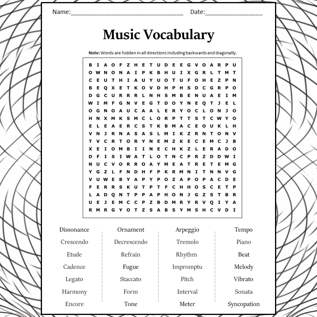 Music Vocabulary Word Search Puzzle Worksheet Activity PDF