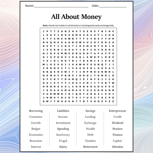 All About Money Word Search Puzzle Worksheet Activity PDF