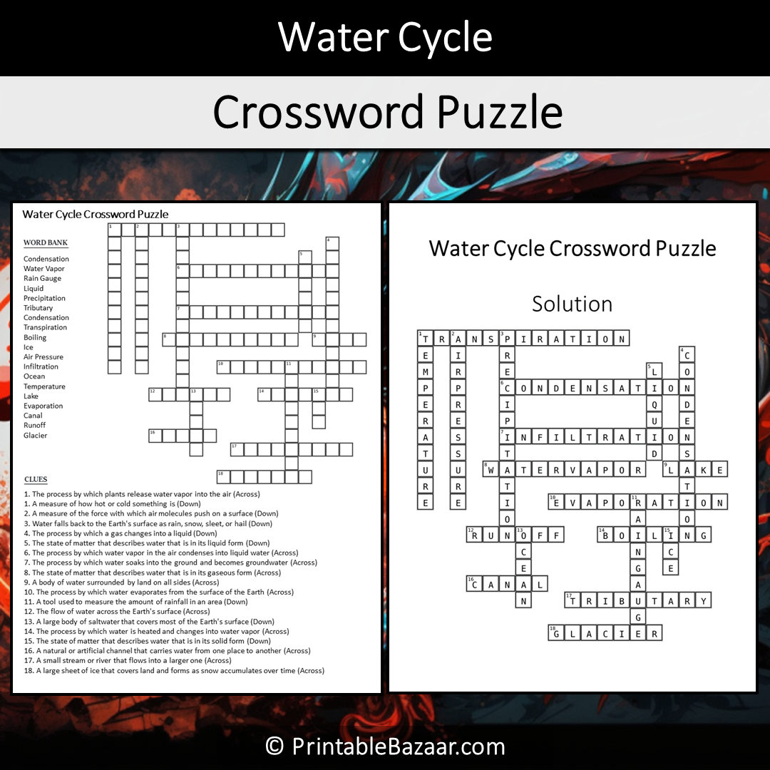 Water Cycle Crossword Puzzle Worksheet Activity Printable PDF