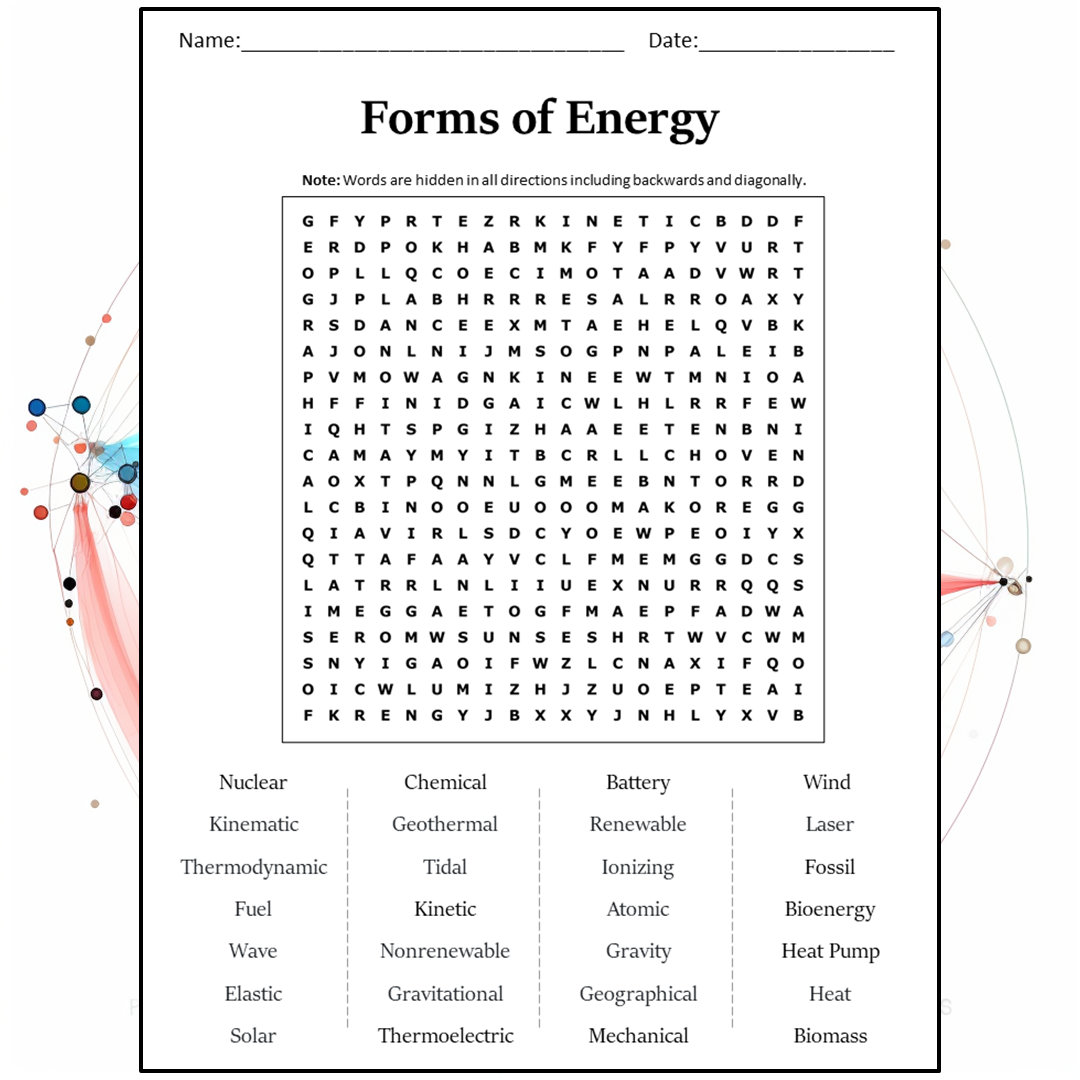 Forms Of Energy Word Search Puzzle Worksheet Activity PDF
