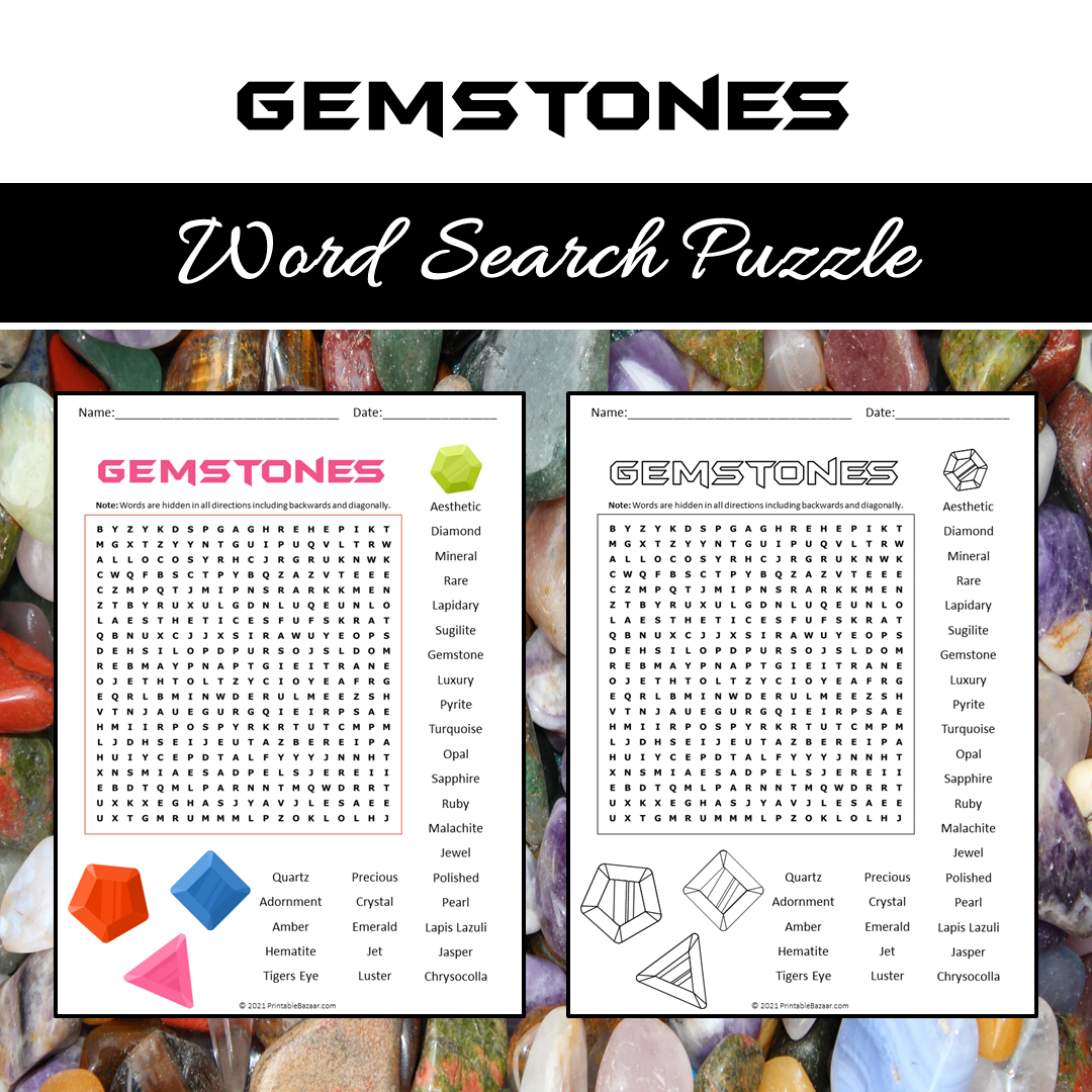 Gemstones Word Search Puzzle Worksheet PDF