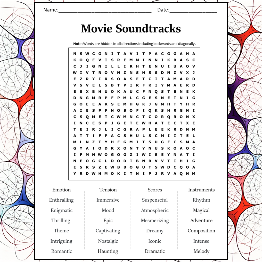 Movie Soundtracks Word Search Puzzle Worksheet Activity PDF