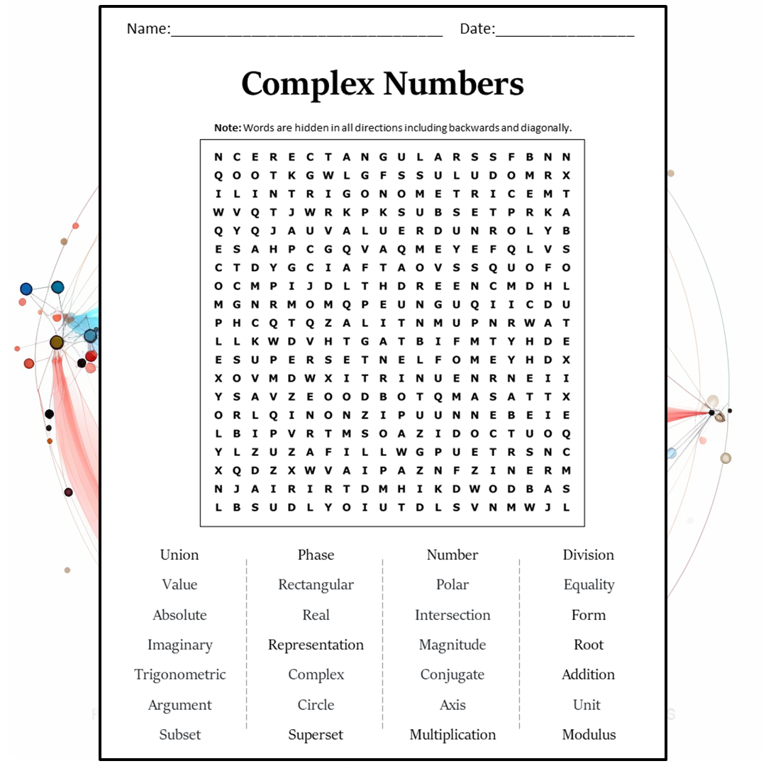 Complex Numbers Word Search Puzzle Worksheet Activity PDF