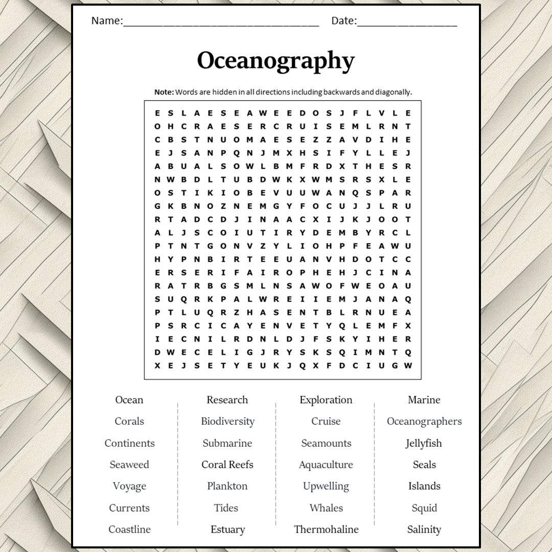 Oceanography Word Search Puzzle Worksheet Activity PDF