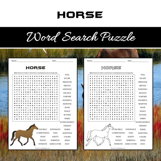 Horse Word Search Puzzle Worksheet PDF