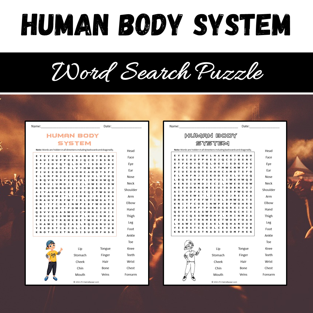 Human Body System Word Search Puzzle Worksheet PDF