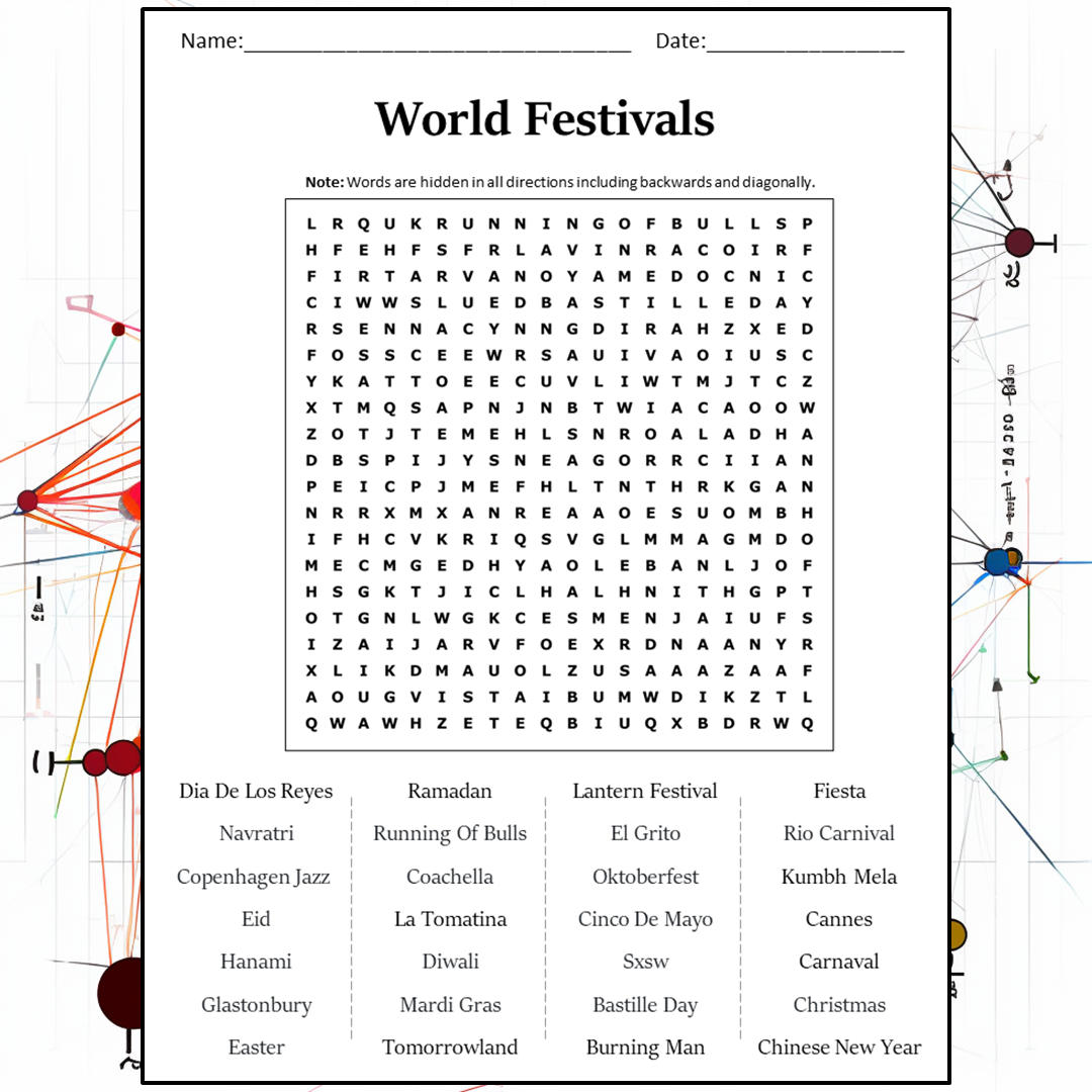 World Festivals Word Search Puzzle Worksheet Activity PDF