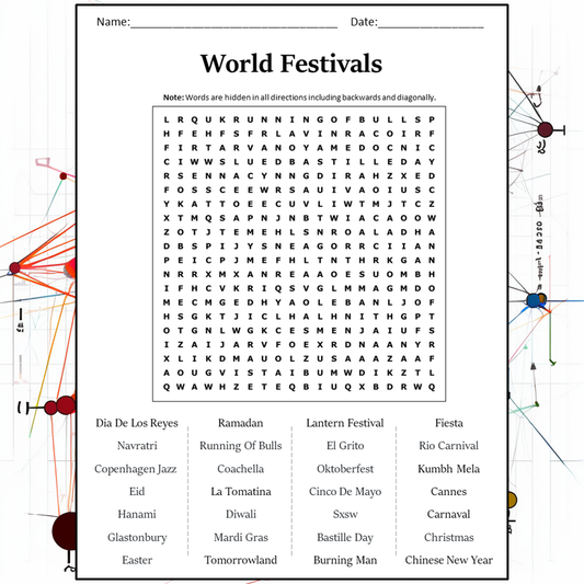 World Festivals Word Search Puzzle Worksheet Activity PDF