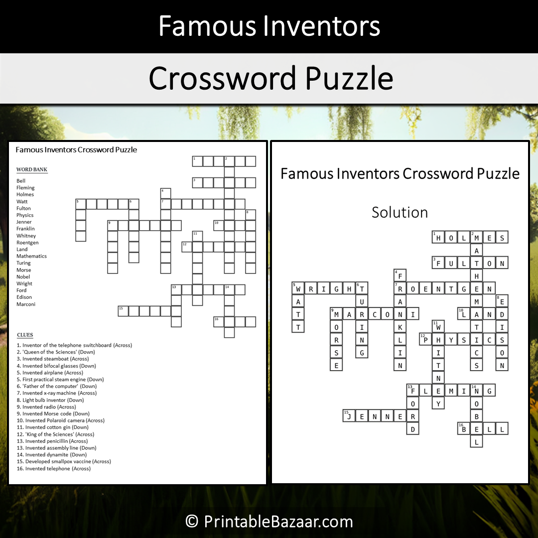 Famous Inventors Crossword Puzzle Worksheet Activity Printable PDF