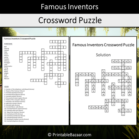 Famous Inventors Crossword Puzzle Worksheet Activity Printable PDF