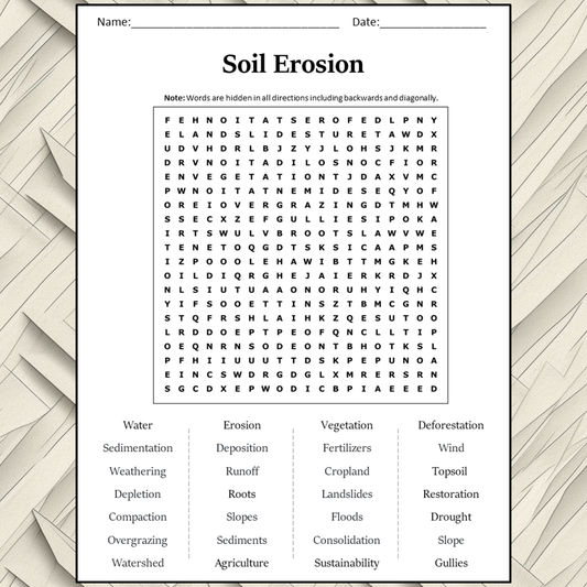 Soil Erosion Word Search Puzzle Worksheet Activity PDF