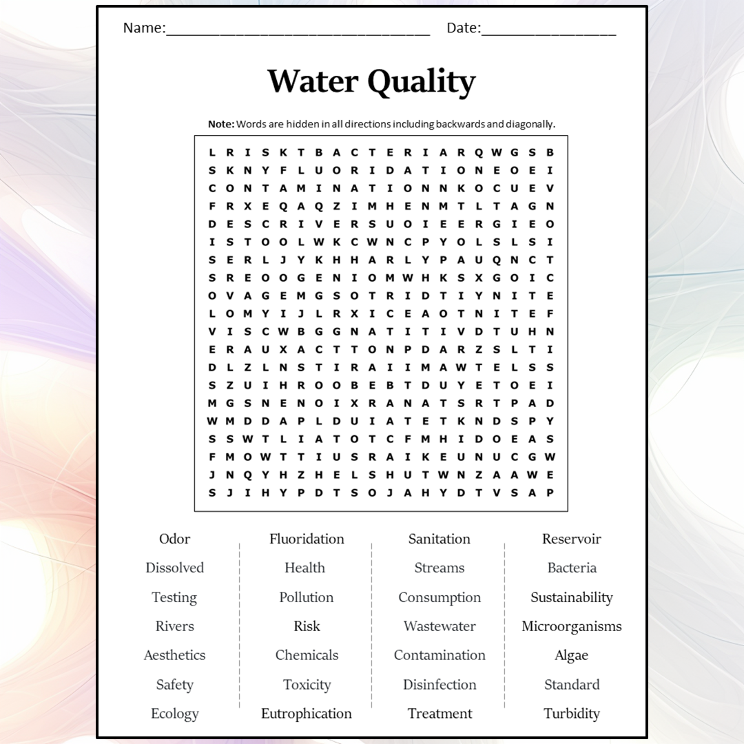 Water Quality Word Search Puzzle Worksheet Activity PDF