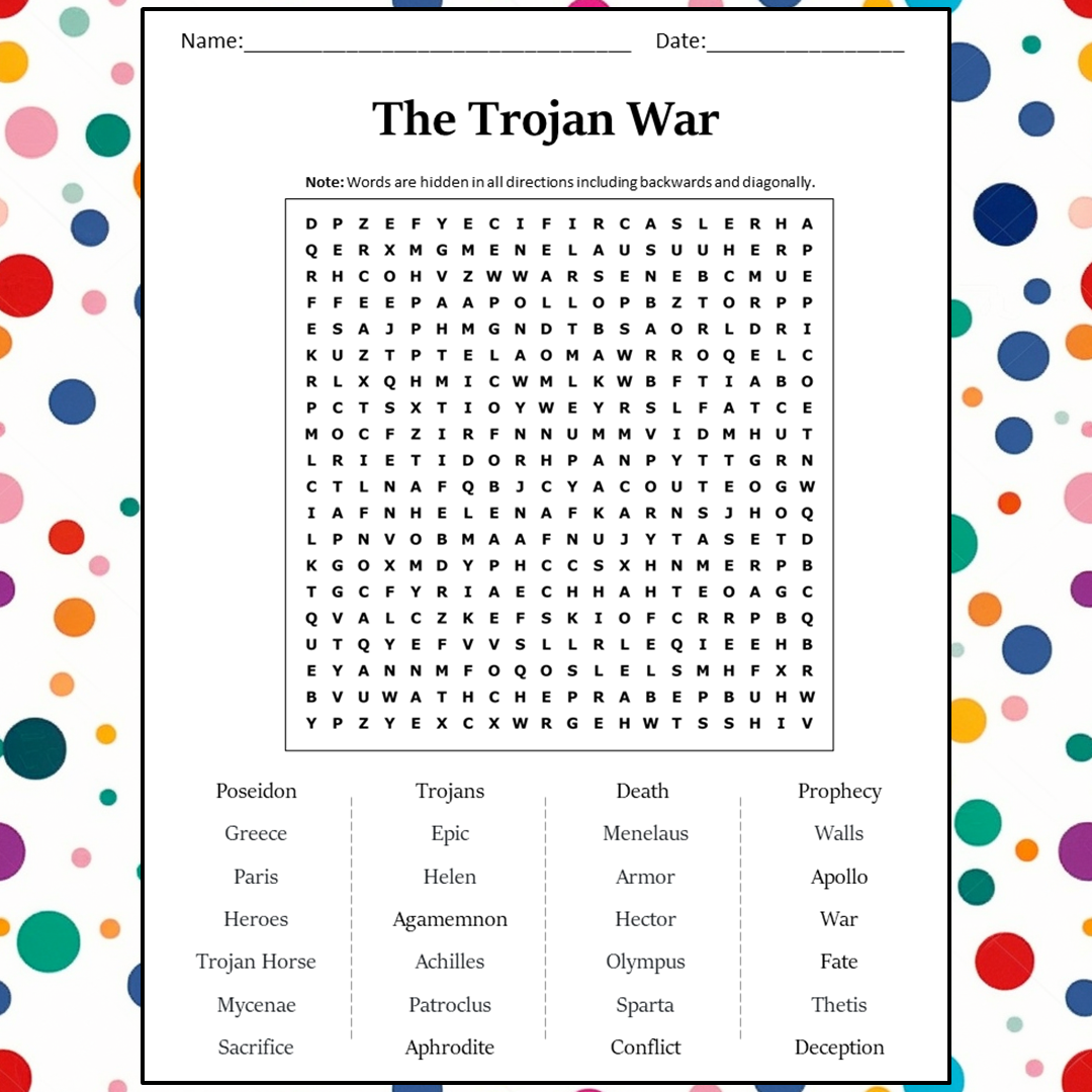 The Trojan War Word Search Puzzle Worksheet Activity PDF