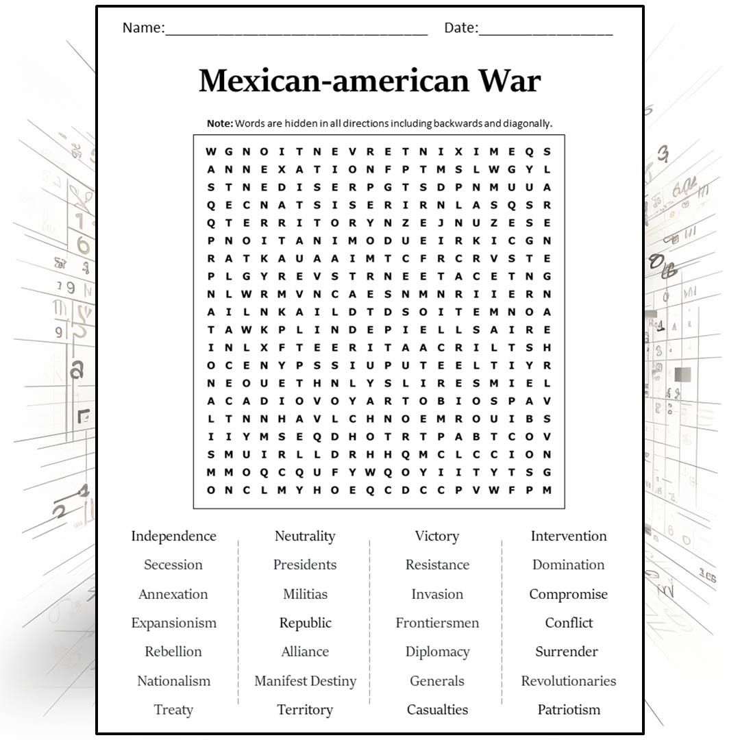 Mexican-american War Word Search Puzzle Worksheet Activity PDF