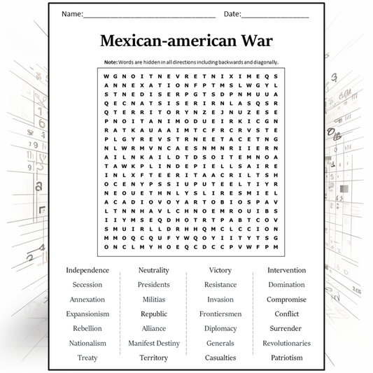 Mexican-american War Word Search Puzzle Worksheet Activity PDF