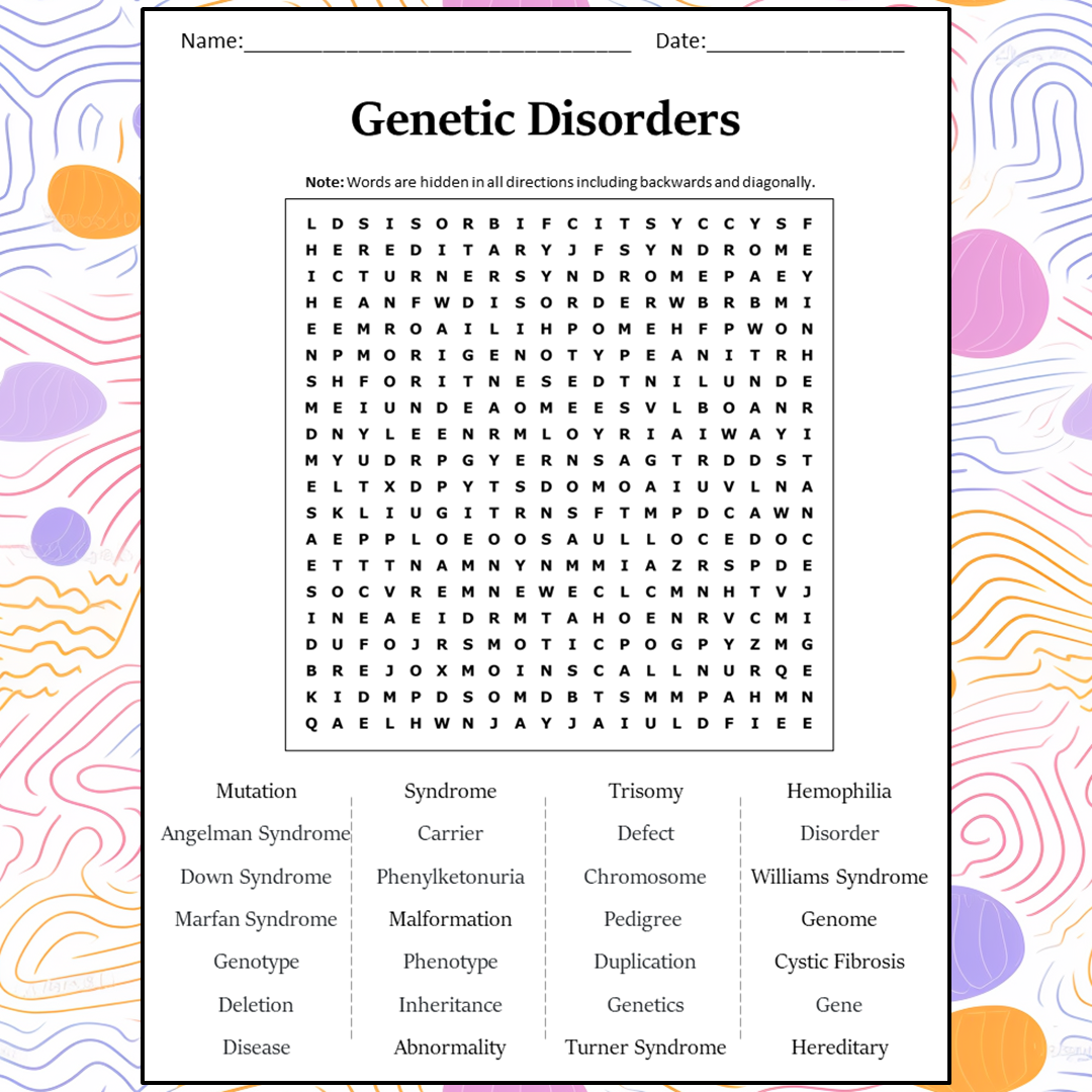 Genetic Disorders Word Search Puzzle Worksheet Activity PDF