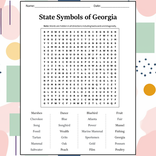 State Symbols Of Georgia Word Search Puzzle Worksheet Activity PDF