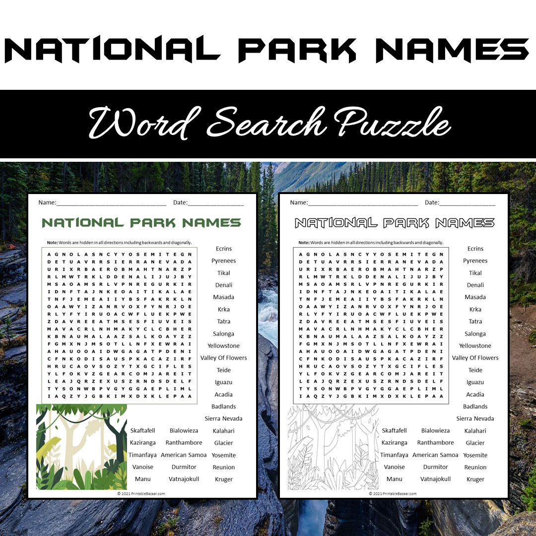 National Park Names Word Search Puzzle Worksheet PDF