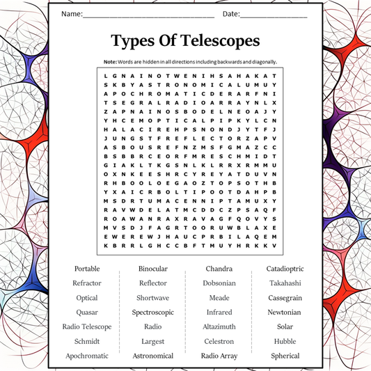 Types Of Telescopes Word Search Puzzle Worksheet Activity PDF