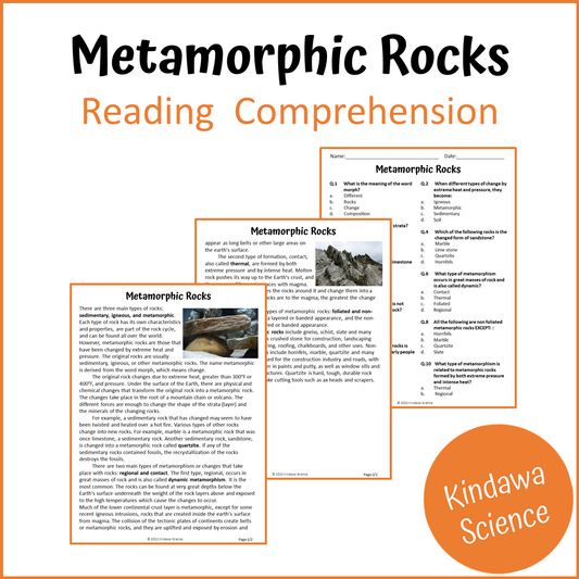 Metamorphic Rocks Reading Comprehension Passage and Questions | Printable PDF