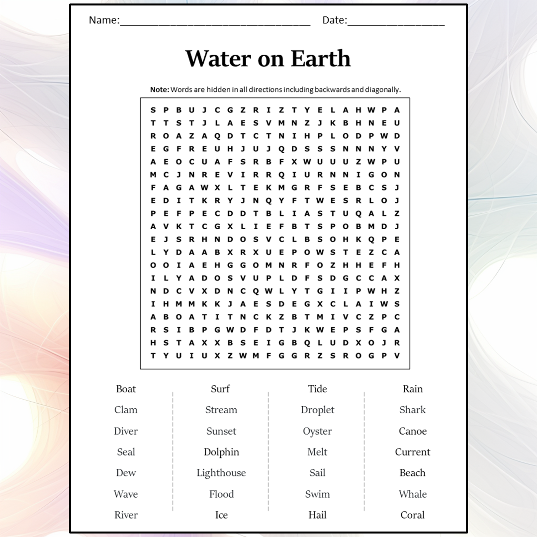 Water On Earth Word Search Puzzle Worksheet Activity PDF