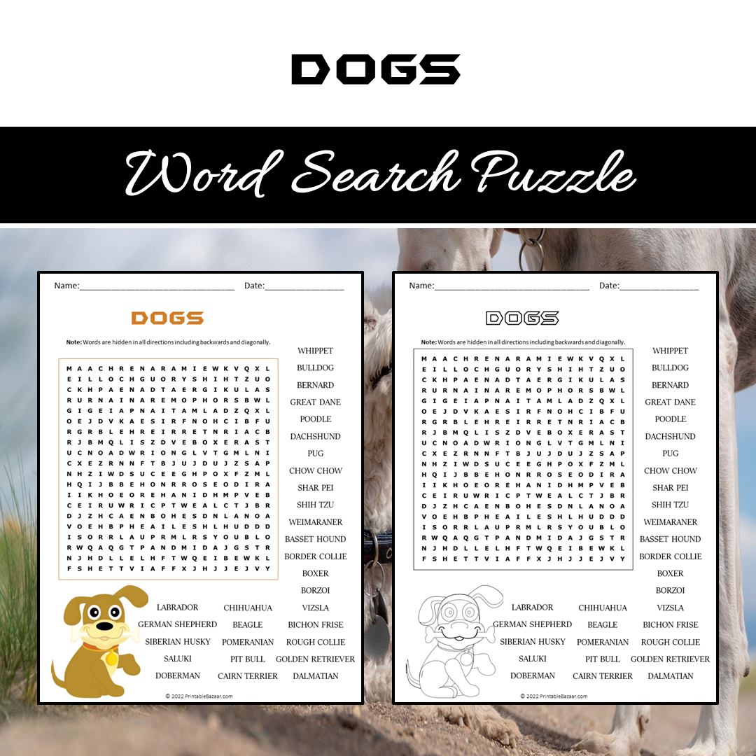 Dogs Word Search Puzzle Worksheet PDF