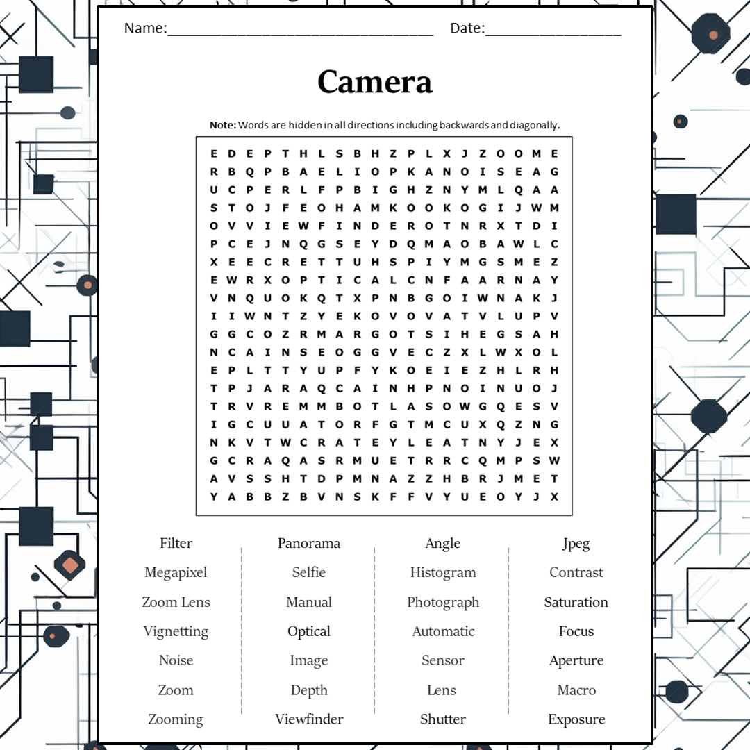 Camera Word Search Puzzle Worksheet Activity PDF