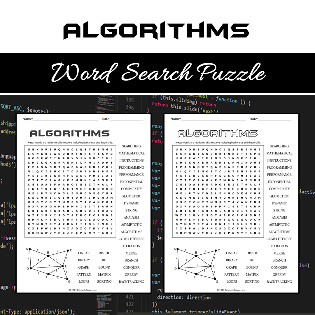 Algorithms Word Search Puzzle Worksheet PDF – PrintableBazaar