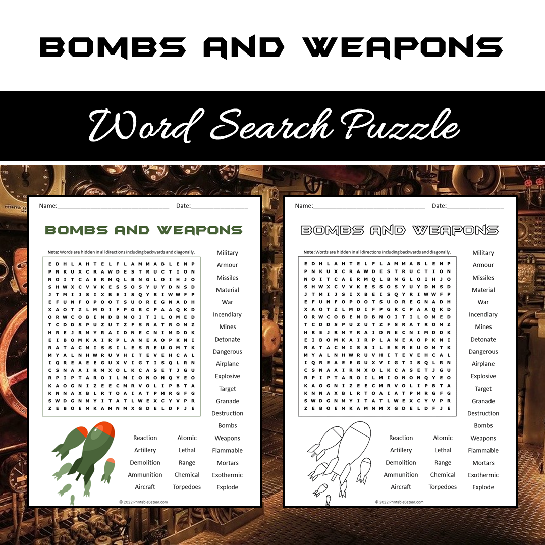 Bombs And Weapons Word Search Puzzle Worksheet PDF