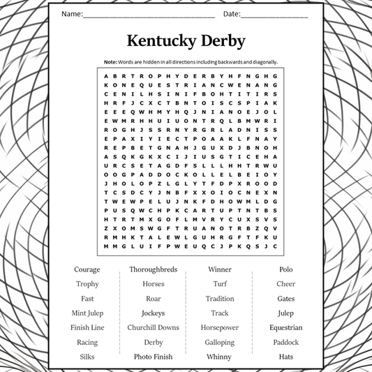 Kentucky Derby Word Search Puzzle Worksheet Activity PDF