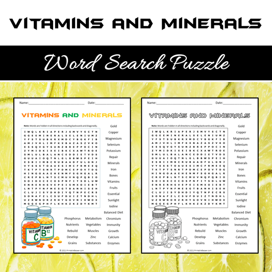 Vitamins And Minerals Word Search Puzzle Worksheet PDF