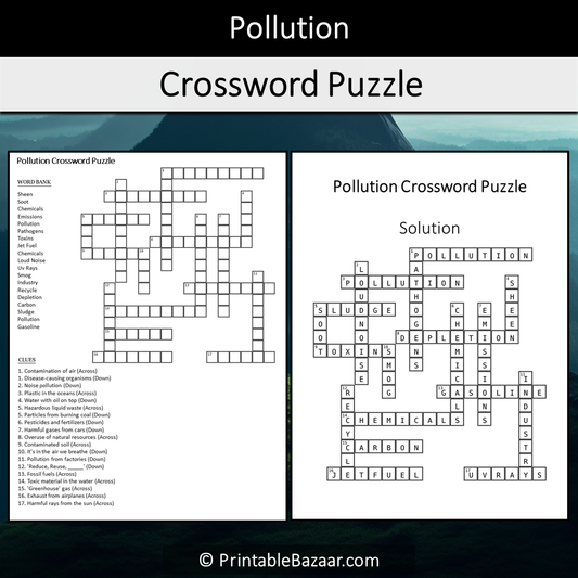 Pollution Crossword Puzzle Worksheet Activity Printable PDF