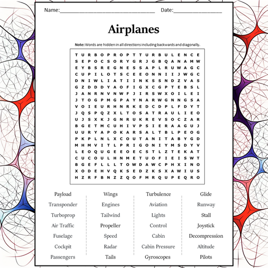 Airplanes Word Search Puzzle Worksheet Activity PDF