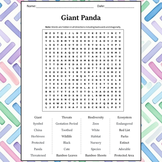 Giant Panda Word Search Puzzle Worksheet Activity PDF