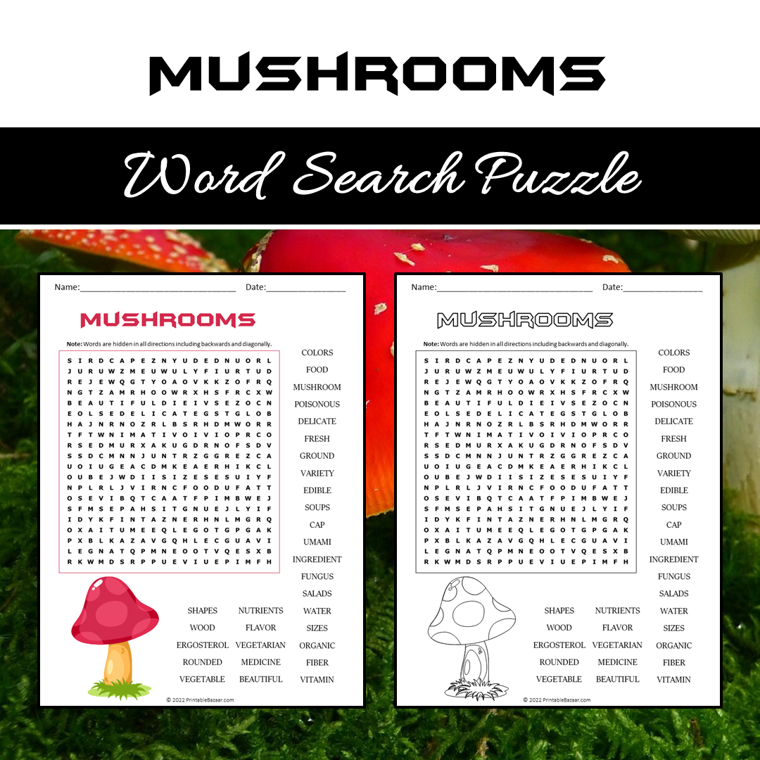 Mushrooms Word Search Puzzle Worksheet PDF