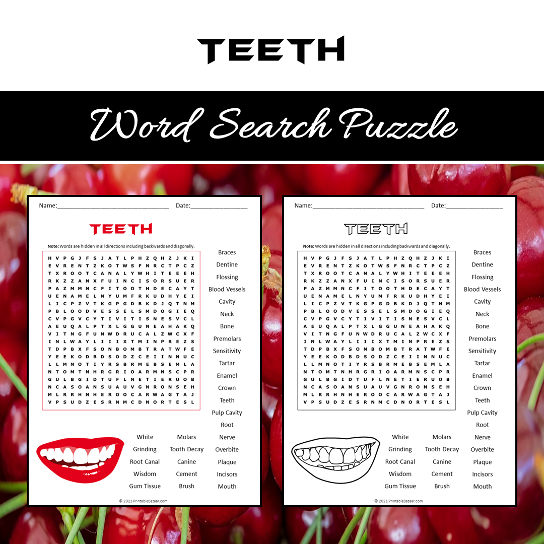 Teeth Word Search Puzzle Worksheet PDF